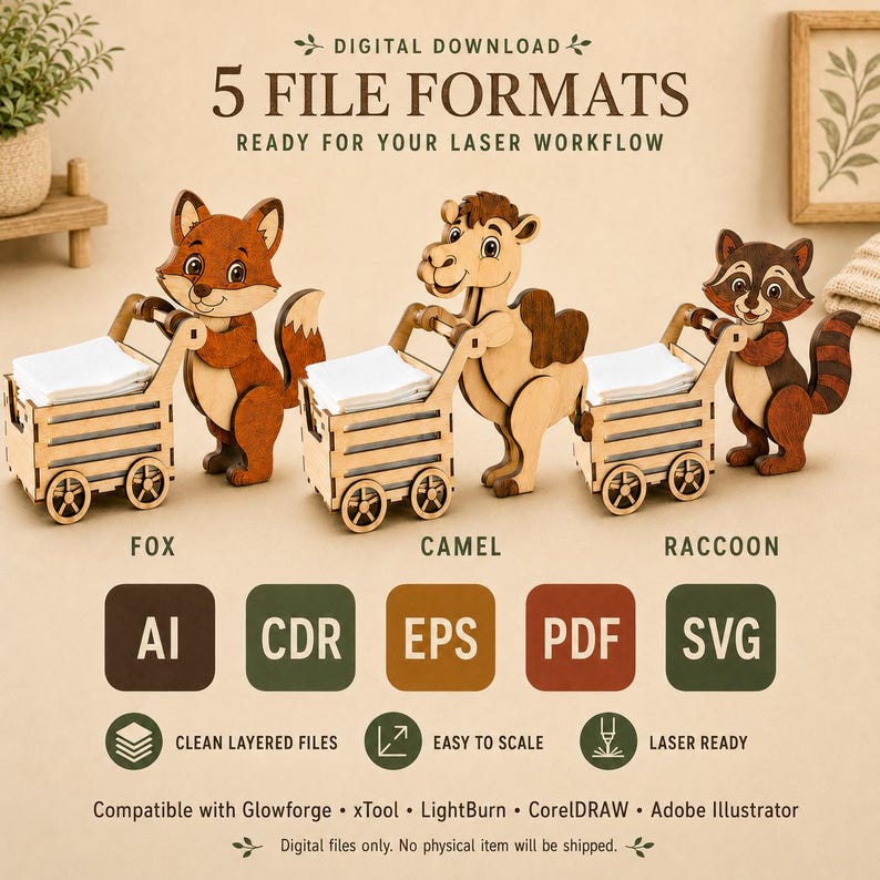 Pode incluir: Download digital de arquivos prontos para laser com tr&ecirc;s figuras de animais em madeira: uma raposa, um camelo e um guaxinim, cada um empurrando um carrinho de madeira. O texto inclui 5 FILE FORMATS, AI, CDR, EPS, PDF, SVG e softwares.