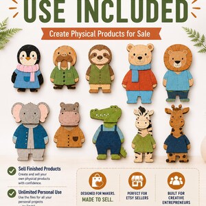 May include: A collection of ten flat, wooden animal figures including a penguin, walrus, sloth, bear, lion, elephant, hippo, crocodile, zebra, and giraffe. Each figure features colorful clothing and text stating COMMERCIAL USE INCLUDED.