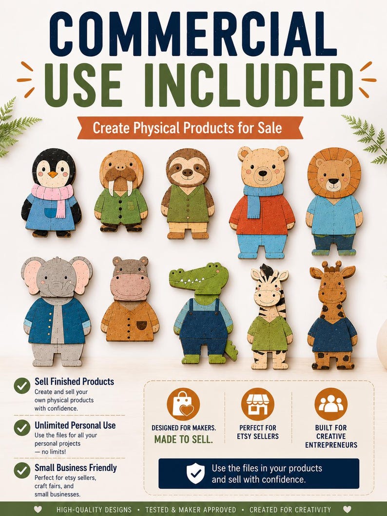 May include: A collection of ten flat, wooden animal figures including a penguin, walrus, sloth, bear, lion, elephant, hippo, crocodile, zebra, and giraffe. Each figure features colorful clothing and text stating COMMERCIAL USE INCLUDED.
