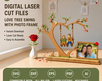 Marco de fotos con diseño de columpio en forma de árbol del amor, archivo de corte láser (svg, dxf, eps, pdf, ai)