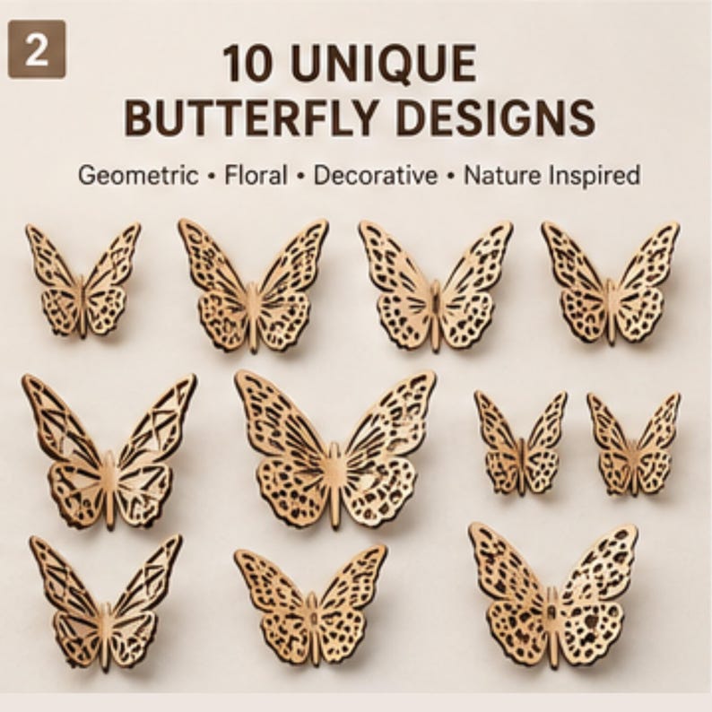 Puede incluir: Un conjunto de 10 dise&ntilde;os de mariposas &uacute;nicos con patrones geom&eacute;tricos, florales, decorativos e inspirados en la naturaleza. Estas formas de mariposa de madera marr&oacute;n claro cortadas con l&aacute;ser est&aacute;n dispuestas en una cuadr&iacute;cula con detalles variados.
