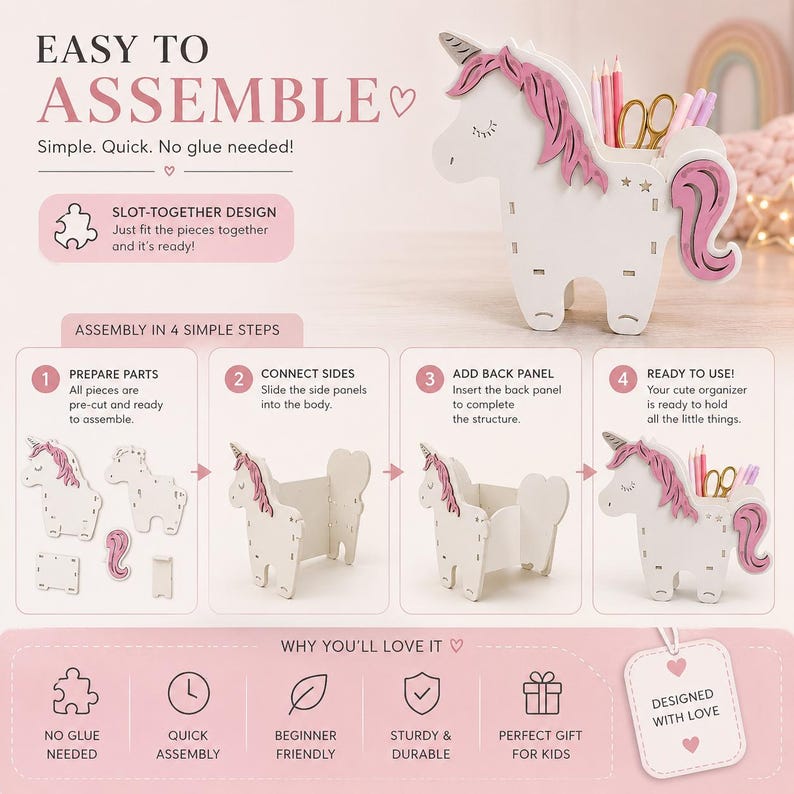 K&ouml;nnte beinhalten: Ein wei&szlig;-rosa Schreibtisch-Organizer in Einhornform mit Stecksystem. Das Bild enth&auml;lt eine Montageanleitung mit der &Uuml;berschrift EASY TO ASSEMBLE, die in vier Schritten zeigt, wie die vorgeschnittenen Teile ohne Kleber zusammengesetzt werden, sowie ein Etikett mit der Aufschrift DESIGNED WITH LOVE.