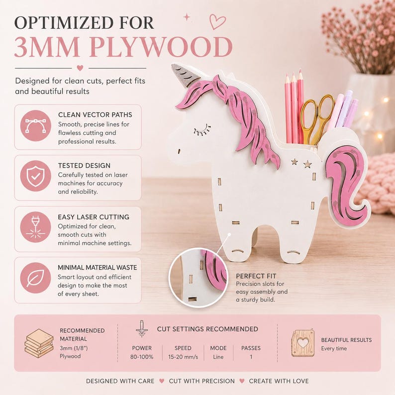 K&ouml;nnte beinhalten: Ein wei&szlig;-rosa Schreibtisch-Organizer aus Holz in Einhornform mit einem Fach f&uuml;r Stifte und Scheren. Das Bild enth&auml;lt Text mit der Angabe Optimized for 3mm Plywood sowie technische Details f&uuml;r den Laserschnitt, inklusive 3mm Plywood Material.