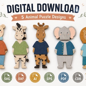 May include: A digital download featuring 5 animal puzzle designs including a bear, zebra, giraffe, elephant, and lion. Each animal is depicted wearing clothing in various colors. The text reads DIGITAL DOWNLOAD and 5 Animal Puzzle Designs.