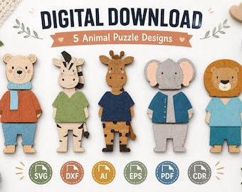 Paquete de archivos SVG de rompecabezas de animales / Archivos de juguetes de madera Montessori (descarga digital)
