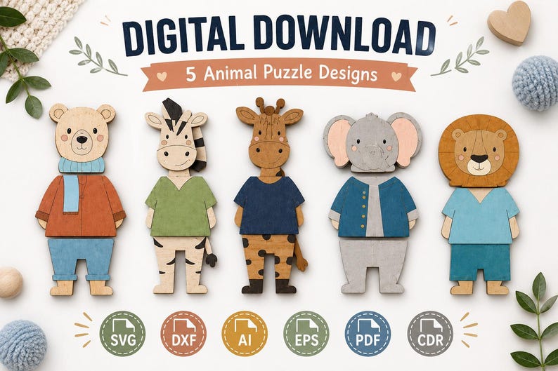 May include: A digital download featuring 5 animal puzzle designs including a bear, zebra, giraffe, elephant, and lion. Each animal is depicted wearing clothing in various colors. The text reads DIGITAL DOWNLOAD and 5 Animal Puzzle Designs.
