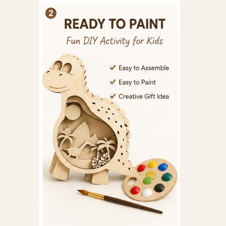 May include: A light-colored wooden dinosaur cutout featuring a layered landscape scene inside its body. Text reads: 2 READY TO PAINT Fun DIY Activity for Kids. Includes a round wooden paint palette with eight colored paint circles and a paintbrush.