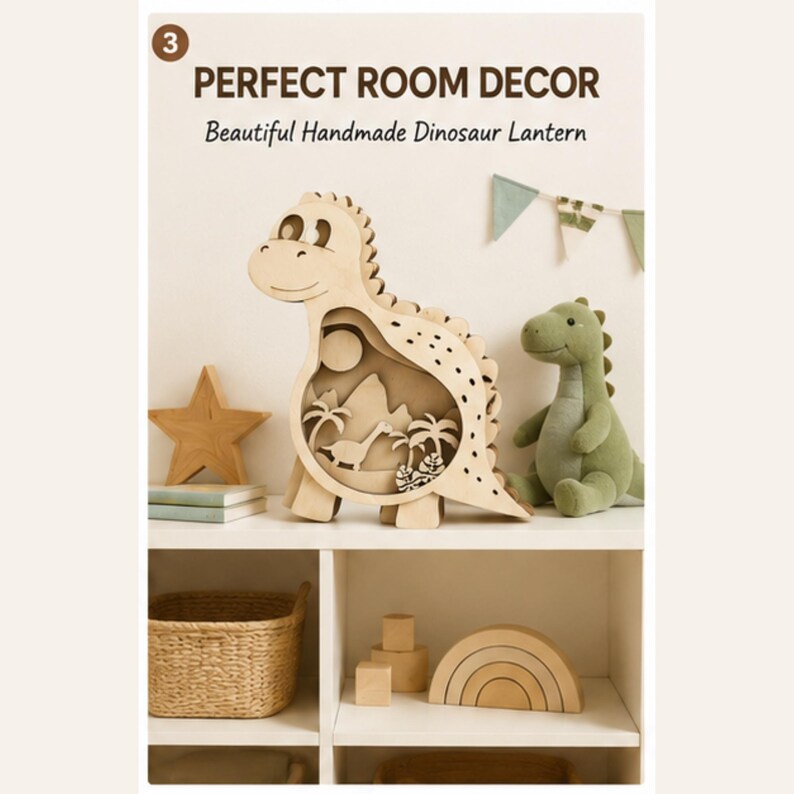 May include: A light-colored wooden dinosaur-shaped lantern featuring a cutout scene of a smaller dinosaur, palm trees, and a sun. The text "3 PERFECT ROOM DECOR Beautiful Handmade Dinosaur Lantern" is visible at the top of the image.