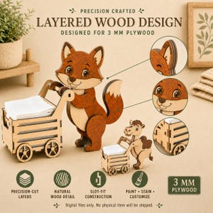 Pode incluir: Um design de madeira em camadas para contraplacado de 3 mm com uma raposa e um camelo, cada um a empurrar um pequeno carrinho de madeira. A raposa e o camelo s&atilde;o feitos de pe&ccedil;as cortadas com precis&atilde;o, gr&atilde;o natural e encaixe de ranhuras.