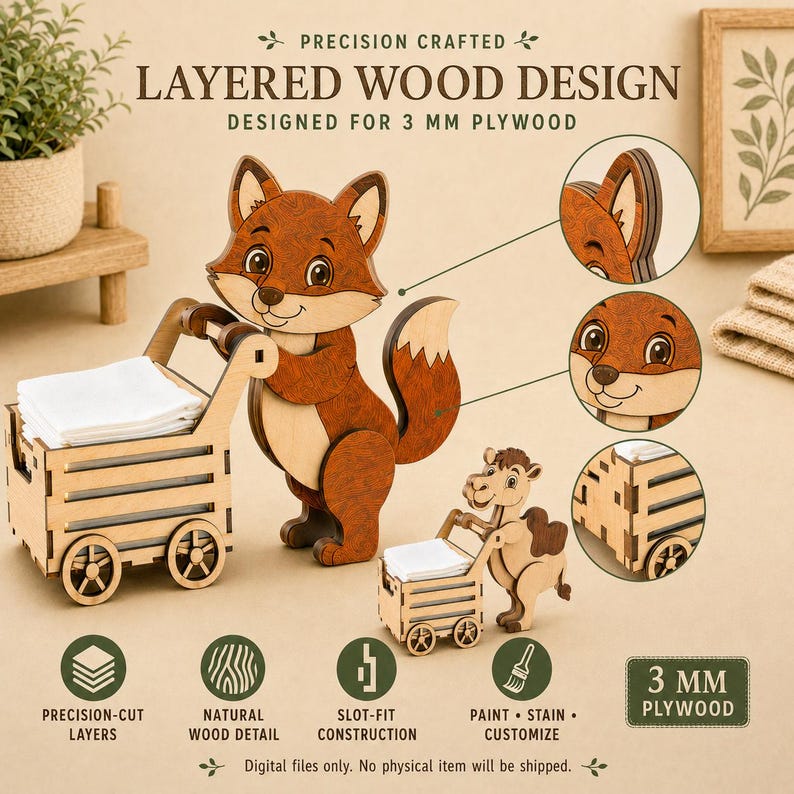 Pode incluir: Um design de madeira em camadas para contraplacado de 3 mm com uma raposa e um camelo, cada um a empurrar um pequeno carrinho de madeira. A raposa e o camelo s&atilde;o feitos de pe&ccedil;as cortadas com precis&atilde;o, gr&atilde;o natural e encaixe de ranhuras.