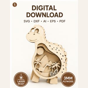 May include: A digital download file for laser cutting featuring a layered wooden dinosaur silhouette. The design includes SVG, DXF, AI, EPS, and PDF formats. The dinosaur cutout contains a landscape scene with mountains, palm trees, and a sun.
