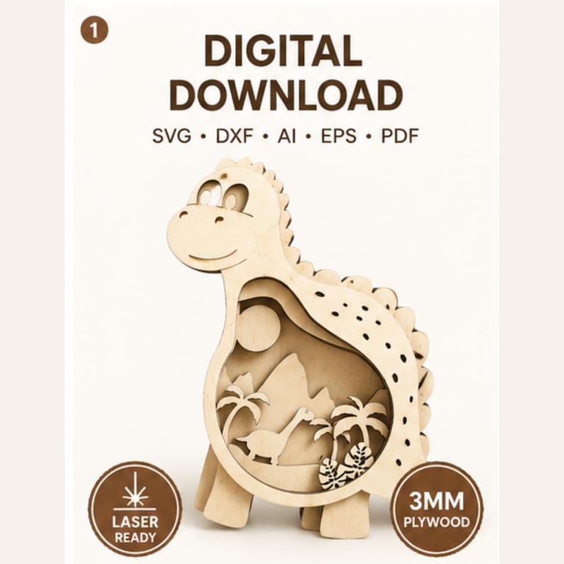May include: A digital download file for laser cutting featuring a layered wooden dinosaur silhouette. The design includes SVG, DXF, AI, EPS, and PDF formats. The dinosaur cutout contains a landscape scene with mountains, palm trees, and a sun.