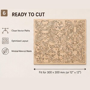 Puede incluir: Un archivo digital etiquetado 6 READY TO CUT que presenta un dise&ntilde;o cuadrado de color madera clara con formas de mariposas intrincadas. El texto incluye Clean Vector Paths, Optimized Layout, Minimal Material Waste y Fit for 300 x 300 mm.