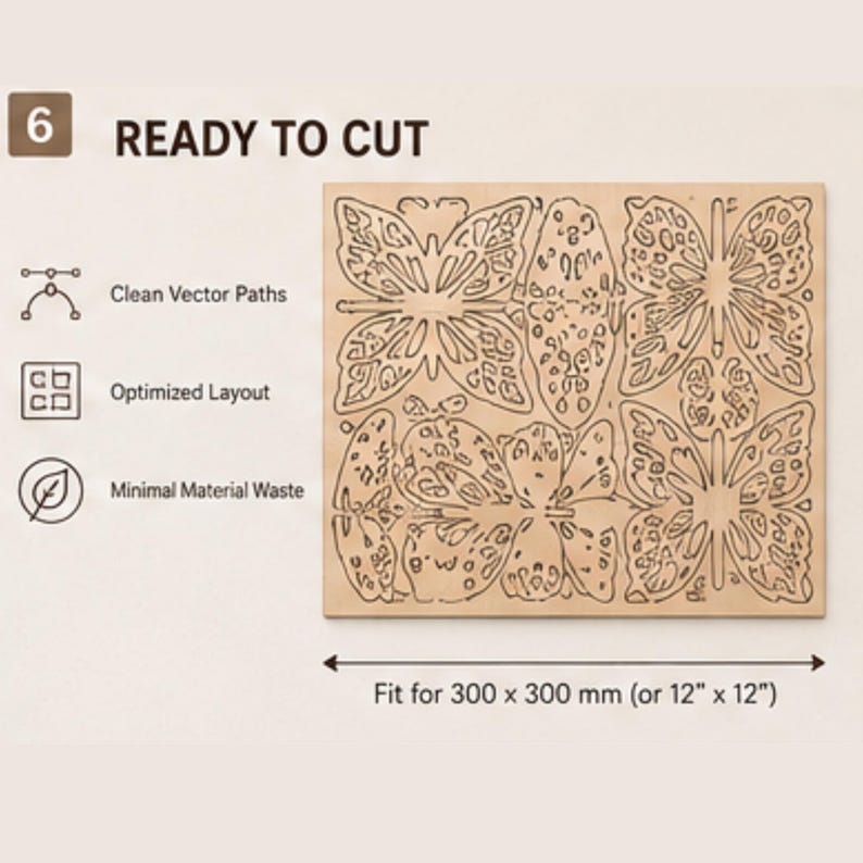 Puede incluir: Un archivo digital etiquetado 6 READY TO CUT que presenta un dise&ntilde;o cuadrado de color madera clara con formas de mariposas intrincadas. El texto incluye Clean Vector Paths, Optimized Layout, Minimal Material Waste y Fit for 300 x 300 mm.