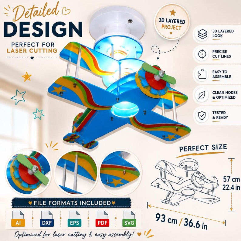Peut inclure: Un plafonnier en forme d'avion &agrave; couches 3D avec des panneaux bleus, jaunes et rouges, des &eacute;toiles, une h&eacute;lice verte et une base blanche. Un sch&eacute;ma indique des dimensions de 93 cm sur 57 cm. Le texte inclut Detailed Design.