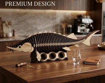Minibar con diseño de esturión cortado con láser, botellero de madera 3D con forma de pez (archivo SVG) (descarga digital)