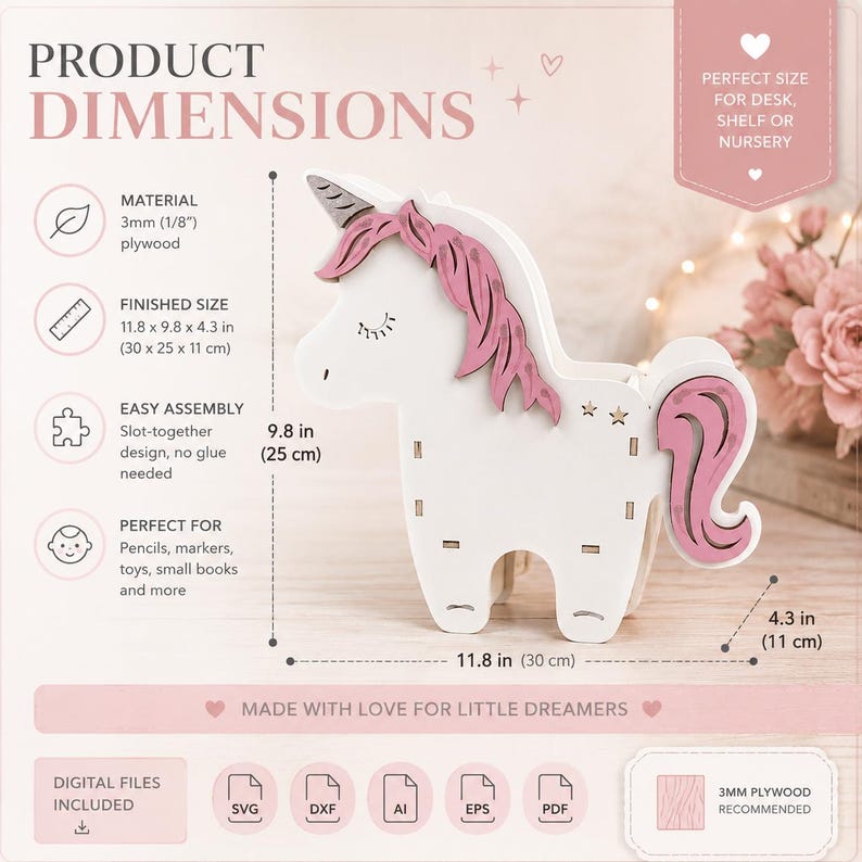 Einhorn-Organizer SVG | Lasergeschnittene Datei für Kinderzimmer, Stiftehalter (Digitaler Download) Bild 2