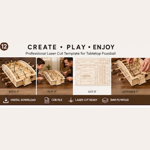 May include: A professional laser cut template for a tabletop foosball game made from 3mm plywood. The digital download includes a CDR file for laser cutting. The image displays the steps to build, play, cut, and assemble the wooden foosball table.