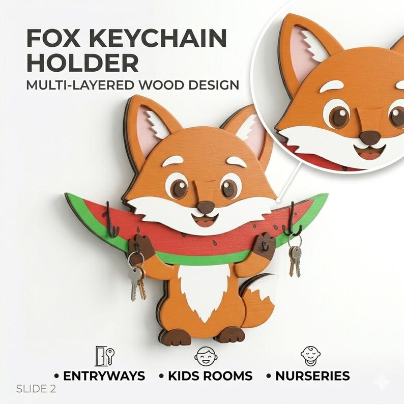 May include: A multi-layered wooden fox keychain holder featuring a fox holding a slice of watermelon. The fox is orange, white, and brown with black metal hooks for keys. Text reads FOX KEYCHAIN HOLDER, MULTI-LAYERED WOOD DESIGN, ENTRYWAYS, KIDS ROOMS, NURSERIES.