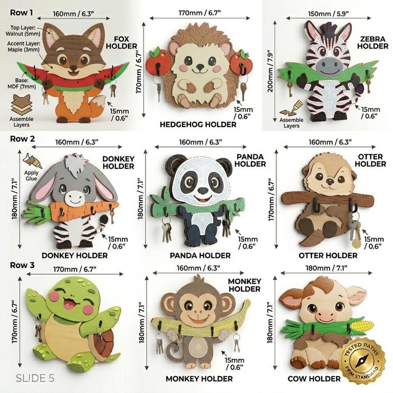 May include: A collection of nine wooden animal-shaped wall key holders, including a fox, hedgehog, zebra, donkey, panda, otter, turtle, monkey, and cow. Each holder features labelled dimensions in inches and millimetres, with hooks for hanging keys.
