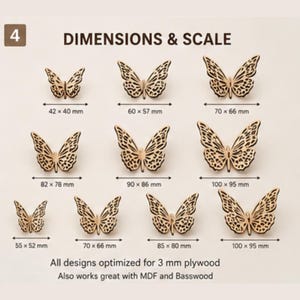 Puede incluir: Una colecci&oacute;n de diez formas de mariposa de madera cortadas con l&aacute;ser en varios tama&ntilde;os, desde 42 x 40 mm hasta 100 x 95 mm. Cada mariposa presenta un patr&oacute;n recortado detallado. El texto dice: 4 DIMENSIONS & SCALE y All designs optimized for 3 mm plywood.