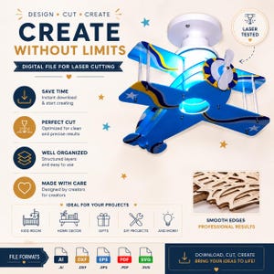 Peut inclure: Un fichier num&eacute;rique pour d&eacute;coupe laser repr&eacute;sentant un design de plafonnier en forme d'avion bleu. Le graphique inclut du texte comme DESIGN CUT CREATE, CREATE WITHOUT LIMITS, et liste des formats comme AI, DXF, EPS, PDF et SVG.