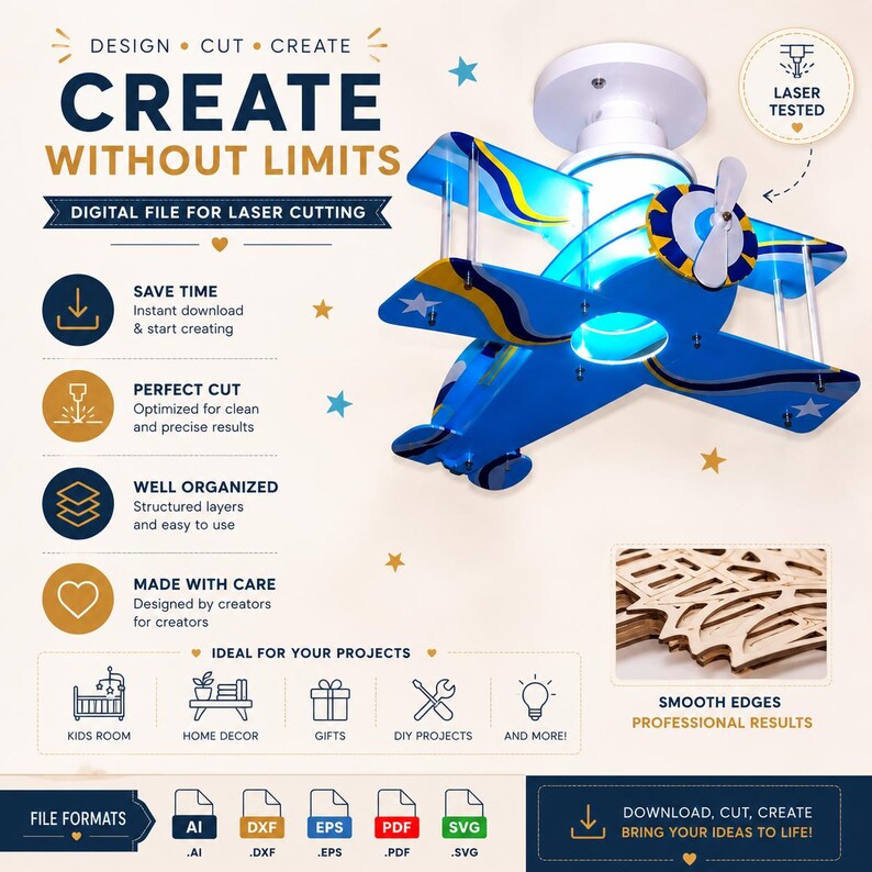 Peut inclure: Un fichier num&eacute;rique pour d&eacute;coupe laser repr&eacute;sentant un design de plafonnier en forme d'avion bleu. Le graphique inclut du texte comme DESIGN CUT CREATE, CREATE WITHOUT LIMITS, et liste des formats comme AI, DXF, EPS, PDF et SVG.