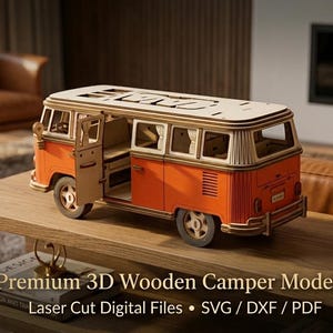 Archivo de corte láser 3D de una autocaravana de madera, plano de modelo de autobús retro (SVG/DXF/PDF)