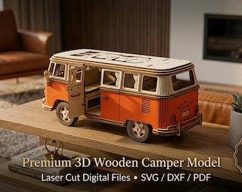 Archivo de corte láser 3D de una autocaravana de madera, plano de modelo de autobús retro (SVG/DXF/PDF)