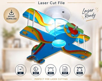 Lámpara de techo con forma de avión (archivo de corte láser) / Decoración de madera para habitación infantil (descarga digital)