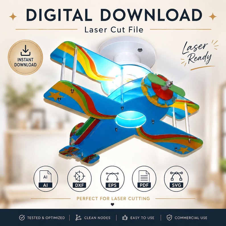 Peut inclure: Un fichier de d&eacute;coupe laser en t&eacute;l&eacute;chargement num&eacute;rique pour un plafonnier en forme d'avion. Le design pr&eacute;sente un biplan bleu avec des rayures arc-en-ciel, des &eacute;toiles jaunes et une h&eacute;lice verte. Le texte inclut DIGITAL DOWNLOAD, Laser Cut File et Laser Ready.
