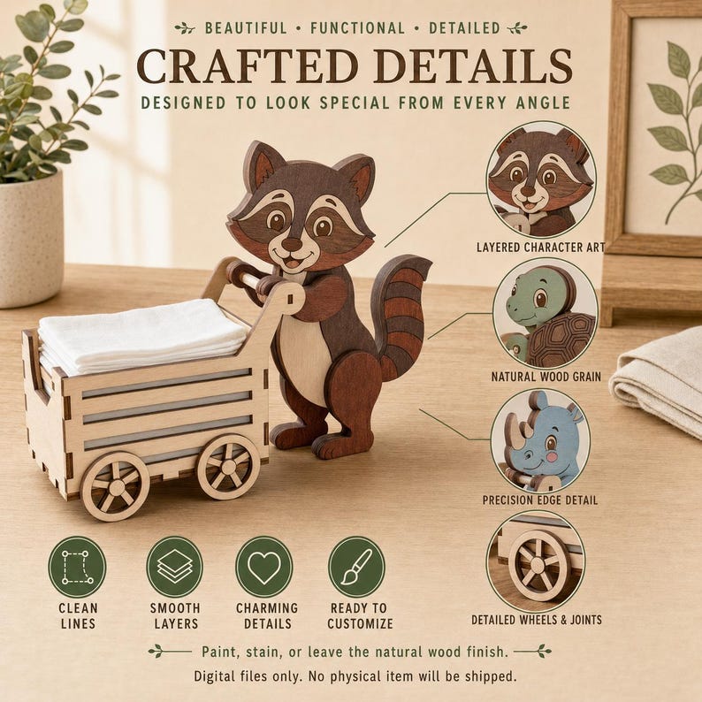 Pode incluir: Um porta-guardanapos de madeira com um personagem de guaxinim empurrando um pequeno carrinho com rodas. A imagem inclui as etiquetas de texto: CRAFTED DETAILS, LAYERED CHARACTER ART, NATURAL WOOD GRAIN, PRECISION EDGE DETAIL e DETAILED WHEELS & JOINTS.