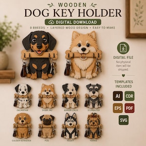 Layered Wood Dog Key Holder SVG Bundle, Laser Cut Pet Leash Hanger (Digital Download)