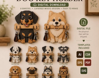 Paquete de archivos SVG de llavero para perro de madera en capas, colgador de correa para mascotas cortado con láser (descarga digital)