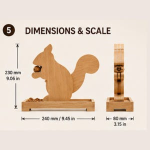 Może przedstawiać: Jasnobrązowa drewniana figurka wiewi&oacute;rki trzymającej orzech, umieszczona na prostokątnej podstawie. Tekst głosi 5 DIMENSIONS & SCALE. Wymiary to 230 mm wysokości, 240 mm długości i 80 mm szerokości, przedstawione z dw&oacute;ch r&oacute;żnych perspektyw.