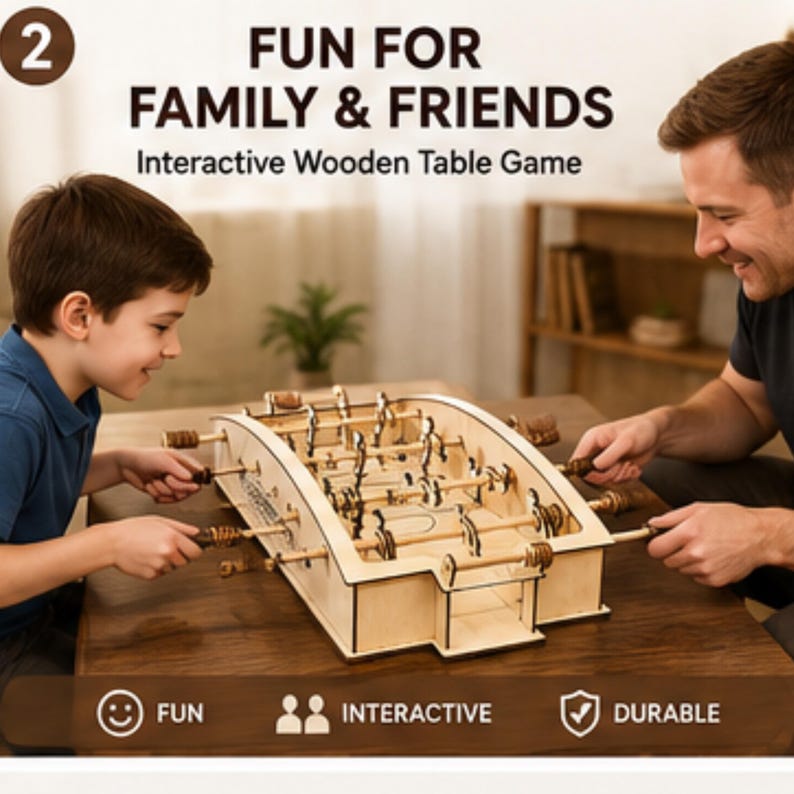 May include: An interactive wooden table game featuring a foosball-style design with light-colored wood construction, horizontal rods, and small player figures. The text reads: 2 FUN FOR FAMILY & FRIENDS Interactive Wooden Table Game FUN INTERACTIVE DURABLE.
