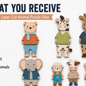 May include: A collection of laser cut wooden animal puzzles featuring a bear, zebra, giraffe, elephant, sheep, cow, and pig. The text reads WHAT YOU RECEIVE 5 Laser Cut Animal Puzzle Files, Bear, Zebra, Giraffe, Elephant, and Farm Animals.