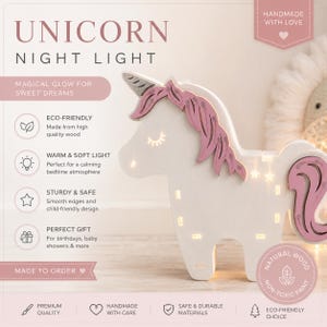 K&ouml;nnte beinhalten: Ein wei&szlig;es Einhorn-Nachtlicht aus Holz mit rosa M&auml;hne und Schweif, einem silbernen Horn und geschlossenen Augen. Die Lampe strahlt ein warmes Licht durch sternf&ouml;rmige und rechteckige Ausschnitte aus. Der Text enth&auml;lt UNICORN NIGHT LIGHT und Produktmerkmale.