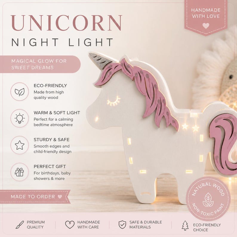 K&ouml;nnte beinhalten: Ein wei&szlig;es Einhorn-Nachtlicht aus Holz mit rosa M&auml;hne und Schweif, einem silbernen Horn und geschlossenen Augen. Die Lampe strahlt ein warmes Licht durch sternf&ouml;rmige und rechteckige Ausschnitte aus. Der Text enth&auml;lt UNICORN NIGHT LIGHT und Produktmerkmale.