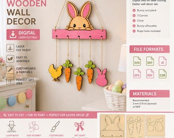 Archivo de conejito de Pascua cortado con láser / Decoración de pared de madera (SVG, DXF, PDF)