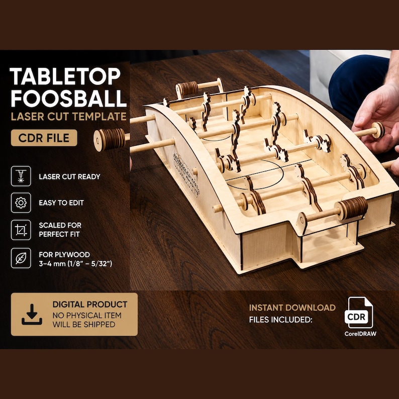 May include: A tabletop foosball laser cut template digital product for plywood 3-4 mm (1/8" - 5/32"). The image shows a light-colored wooden foosball game with rods and player figures, featuring text labels for laser cut ready and CDR file.