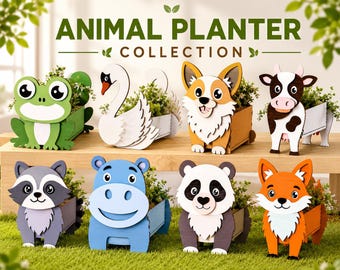 Paquete de archivos SVG de macetas con forma de animales / Cajas de madera para flores cortadas con láser (descarga digital)