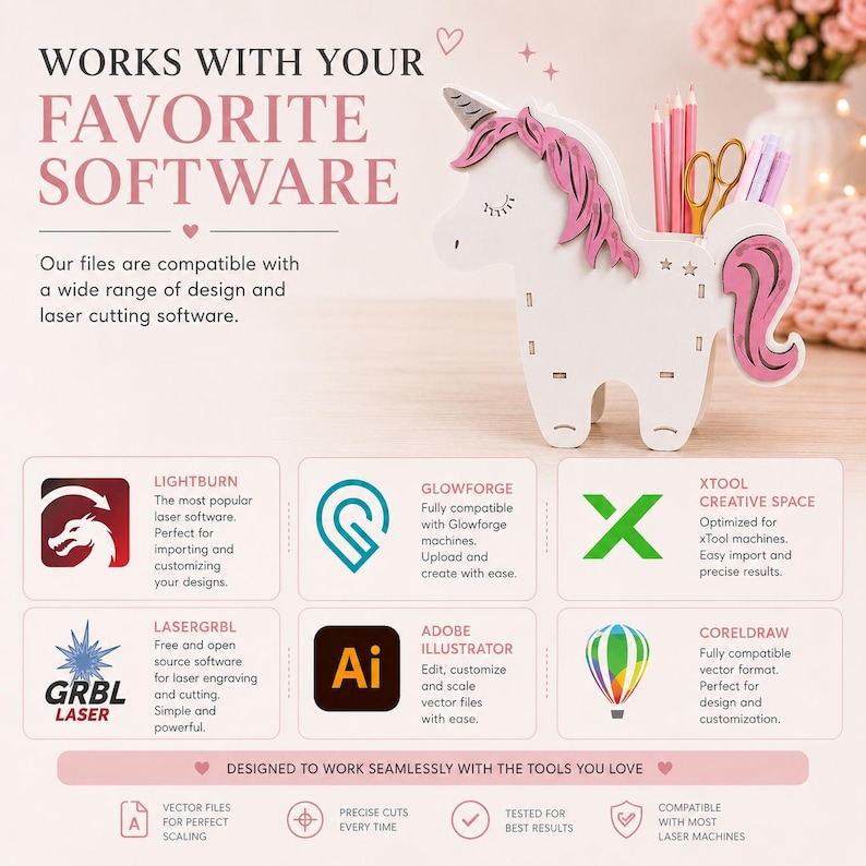 K&ouml;nnte beinhalten: Ein wei&szlig;-rosa Schreibtisch-Organizer aus Holz in Einhornform mit einem Fach f&uuml;r Stifte und Scheren. Das Bild enth&auml;lt den Text WORKS WITH YOUR FAVORITE SOFTWARE und listet die Kompatibilit&auml;t mit LightBurn, Glowforge, xTool, LaserGRBL, Adobe Illustrator und CorelDraw auf.