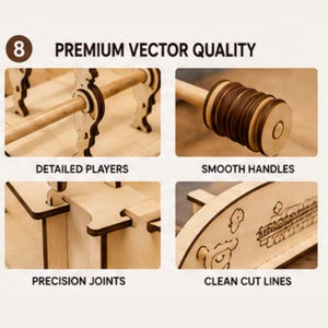 May include: A wooden foosball game set featuring premium vector quality components. The set includes detailed player figures, smooth cylindrical handles, precision-cut interlocking joints, and clean laser-cut lines on the wooden panels.
