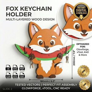 May include: A multi-layered wooden fox keychain holder featuring a fox holding a watermelon slice with black hooks. The design includes text: FOX KEYCHAIN HOLDER, INSTANT DIGITAL DOWNLOAD, and dimensions of 200mm by 160mm.
