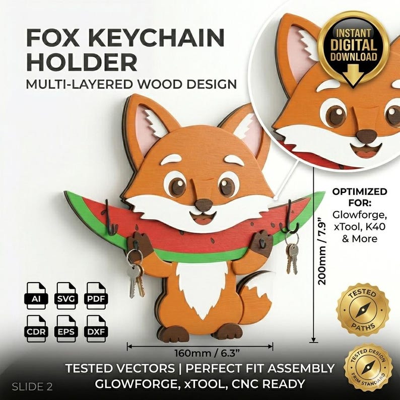 May include: A multi-layered wooden fox keychain holder featuring a fox holding a watermelon slice with black hooks. The design includes text: FOX KEYCHAIN HOLDER, INSTANT DIGITAL DOWNLOAD, and dimensions of 200mm by 160mm.
