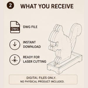 Może przedstawiać: Plik cyfrowy z rysunkiem liniowym wiewi&oacute;rki trzymającej orzech na podstawie. Tekst zawiera: 2 WHAT YOU RECEIVE, DWG FILE, INSTANT DOWNLOAD, READY FOR LASER CUTTING, DIGITAL FILES ONLY. NO PHYSICAL PRODUCT INCLUDED.