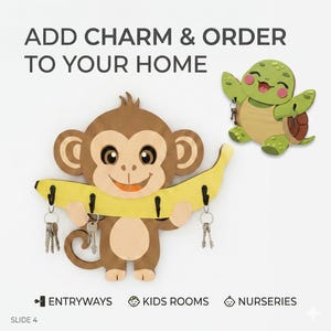 May include: A wooden wall-mounted key holder shaped like a brown monkey holding a yellow banana with four black hooks, and a separate green turtle key holder. Text reads: ADD CHARM & ORDER TO YOUR HOME, ENTRYWAYS, KIDS ROOMS, NURSERIES, SLIDE 4.