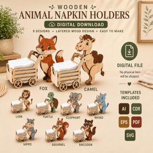 Pode incluir: Um conjunto de download digital de 9 porta-guardanapos de madeira com animais: raposa, camelo, le&atilde;o, tartaruga, elefante, rinoceronte, hipop&oacute;tamo, esquilo e guaxinim. Cada design mostra um animal empurrando um carrinho. Inclui arquivos AI, CDR, EPS, PDF e SVG.