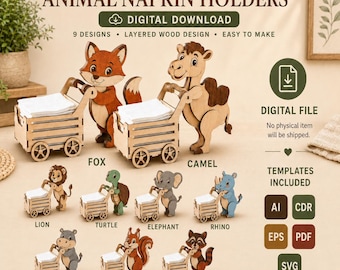 Paquete de archivos SVG para soporte de servilletas con diseño de animales / 9 archivos de carrito de madera cortados con láser / Decoración de zorro, tortuga y camello / DXF PDF / Contrachapado de 3 mm